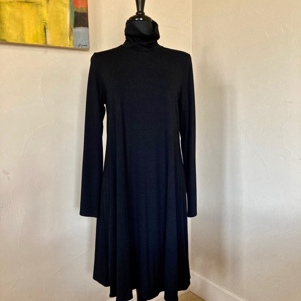 Eileen Fisher Viscose Black Jersey Long Sleeve Scrunch Neck Swing Dress.